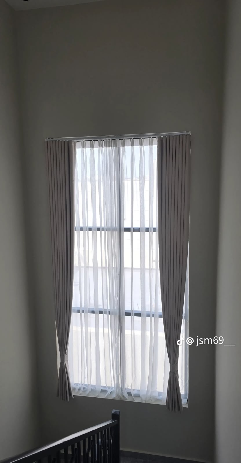Double Height Floor-to-Ceiling Sheer Drapery with Pelmet Box