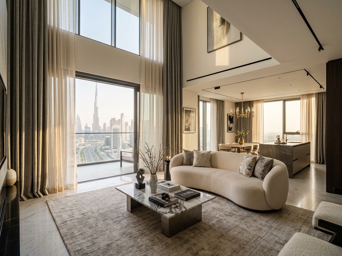 Modern Dubai Penthouse Living Room with Double Layer Wave Sheer & Blackout Drapes